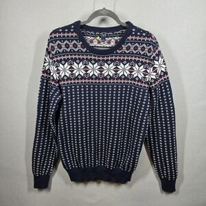 J Crew Sweater Mens Large Navy‎ White Fair Isle Snowflake Knit Pullover